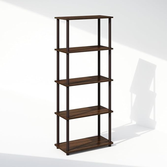 Furinno Turn-N-Tube Book Shelf, 5-Tier Bookshelf, Bookcase with Multipurpose Compact Display Rack, 11.6 x 23.6 x 57.4, for Living Room, Bedroom, Home Office, Walnut/Brown