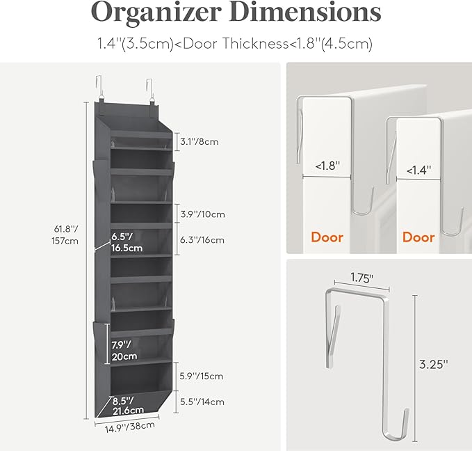 Lifewit 1 Pack Over the Door Organizer, Clear Window Hanging Storage with 4 Side Pockets, Anti Tilt 40 lbs Load Behind Door for Pantry, Nursery, Bathroom, Bedroom, Dorm, 6 Section, Gray