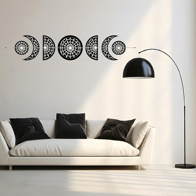 CREATCABIN 7Pcs Spider Web Moon Phase Wall Hanging Halloween Moon Cycle Bohemian Wall Decor Moon Wooden Ornaments Hang Vertical Decorative Gifts for Home Farmhouse Gallery Apartment Bar 37.1x6.3in