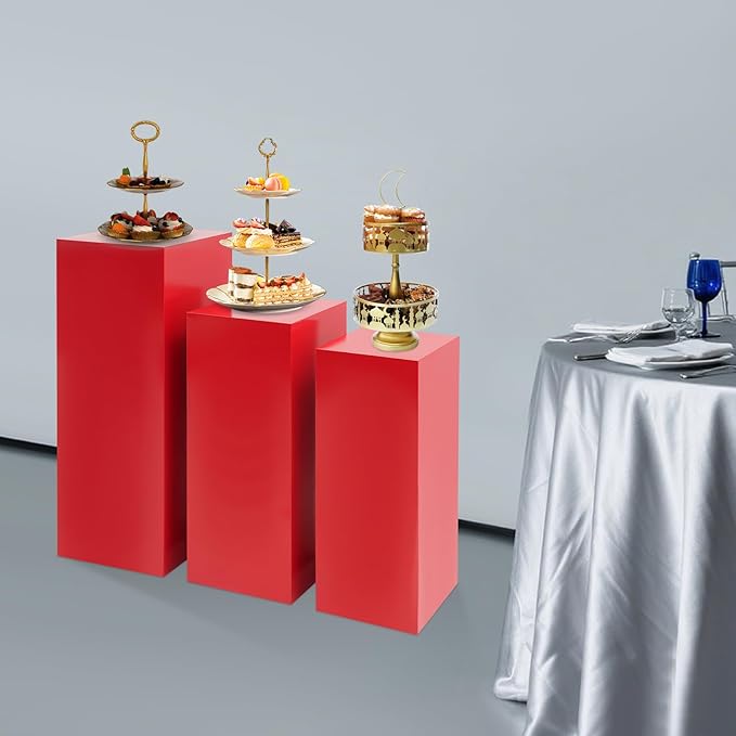 3Pcs Square Display Pedestal Stands Set for Party, Metal Display Stand Plinth Pillars, Cake Stands Pillars for Wedding Birthday Art Decor Risers, 11.8*31.5" (L), 11.02*25.6" (M), 10.24*23.6" (S)