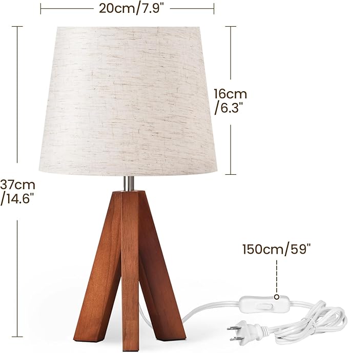 Tripod Table Lamps Set of 2, Small Bedside Lamps, Modern Nightstand Lamp with Dark Pearwood Base & Beige Shade, Boho Desk Light for Bedroom, Kids Room, Living Room, Office, Study, LE51TLP205