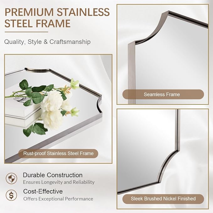 ANDY STAR Brushed Nickel Mirror 30x48 Inch, Large Scalloped Bathroom Mirror, Anti-Rust Stainless Steel Metal Thin Frame Deep 1’’, Unique Rectangle Mirror Hangs Vertically or Horizontally