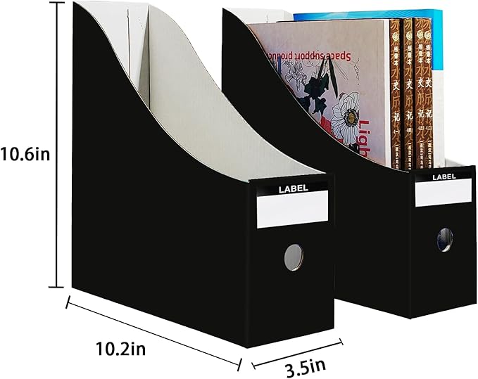 Limitliho 12 Pack Black Cardboard Magazine File Holder for Desktop, Book Bins for Classroom Library, Office or Home, Vertical Paper Boxes for Storage with Label(10.6" H x 10.2" L x 3.5" W in)