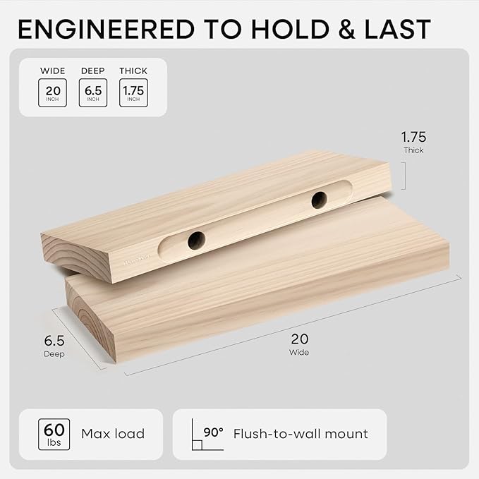 Homeforia 20 inch Wood Floating Shelves, High End Solid Natural Wood 20inch Floating Shelf for Wall Mounted, Unfinished Wooden 20in Floating Shelves, Heavy Duty Bracket, 20 X 6.5 X 1.75 inch, Set of 4