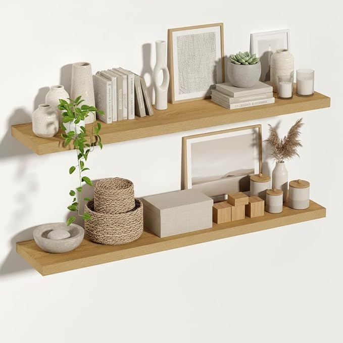 Vivelove 12 Inch Deep Floating Shelves 55 inch Long, Thick Wall Shelves with Invisible Brackets, Shelf for Bedroom Bathroom Living Room Kitchen Office, Rustic Farmhouse Decor, 55x12x1.5 Set of 2, Oak