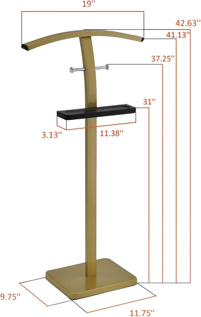 Kings Brand Furniture Henry Men’s Suit Valet Stand – Freestanding Clothes Valet Rack with Jacket Hanger, Pants Bar, Tie Holder & Storage Shelf – Modern Bedroom Garment Organizer (Gold/Black)