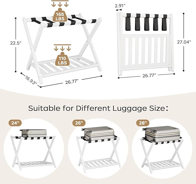 Luggage Rack for Guest Room - 1 Pack 26.77" L Full Assembled Luggage Rack Stand for Suitcases, Foldable Luggage Holder with Shoe Shelf for Bedroom, Hotel (White Bamboo Suitcase Stand)