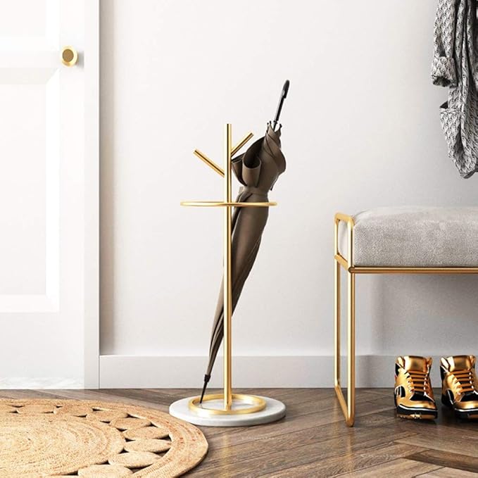 WXYZ Golden Umbrella Stand with Branch Shape, Creative Wrought Iron Umbrella Barrel with Solid Marble Base, Decorative Ornaments 32x55cm (Color : Gold+White)