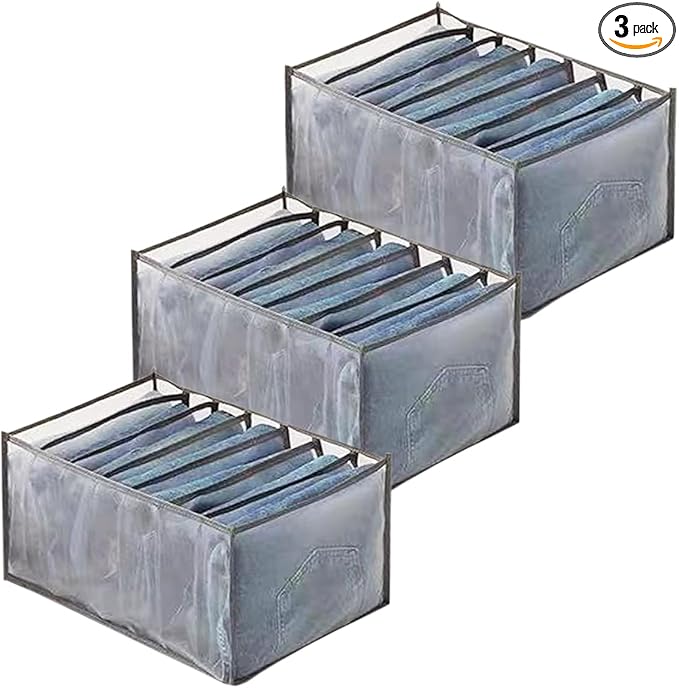 Wardrobe Clothes Organizer, 7 Grids Washable Portable Closet Organizer Mesh Separation Storage Box Foldable Closet Drawer Organizer for Underwear, Socks, Scarves, Jeans (Grey, 3 Jeans Grid)