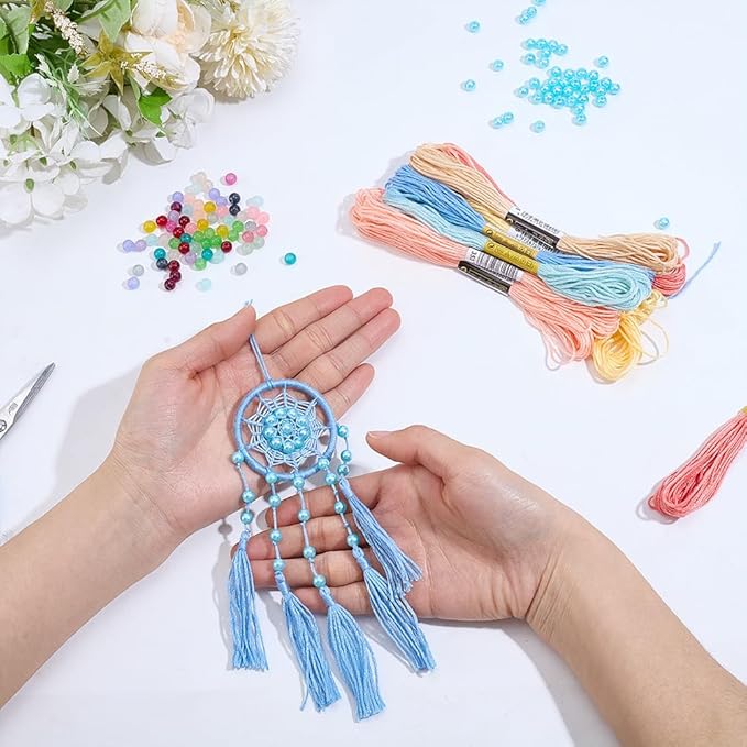 INFUNLY 12 Sets DIY Mini Dream Catcher Kit with Glass Beads Colorful Small Dream Catcher Kit with Instruction Boho Handmade Dreamcatcher Making Kit for Bag Pendant Car Mirror Charm Bedroom Decor