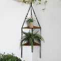 Artilady Black Corner Shelf Wall Hanging - 2 Tier Wood Floating Shelves, Rustic Boho Wall Shelf Decor Hand Woven Cotton Rope Storage Rack for Plants Pots Photo Frames (Black)