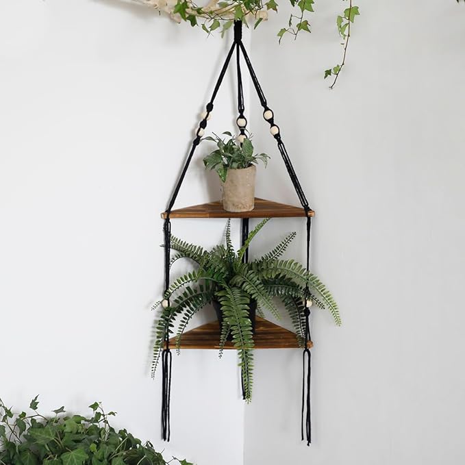 Artilady Black Corner Shelf Wall Hanging - 2 Tier Wood Floating Shelves, Rustic Boho Wall Shelf Decor Hand Woven Cotton Rope Storage Rack for Plants Pots Photo Frames (Black)