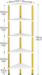 HOOBRO Corner Shelf Stand, Industrial 5-Tier Wall Corner Bookshelf with Metal Frame, Plant Display Shelf, Bookcase for Small Spaces, Bedroom, Living Room, White and Gold DW33CJ01
