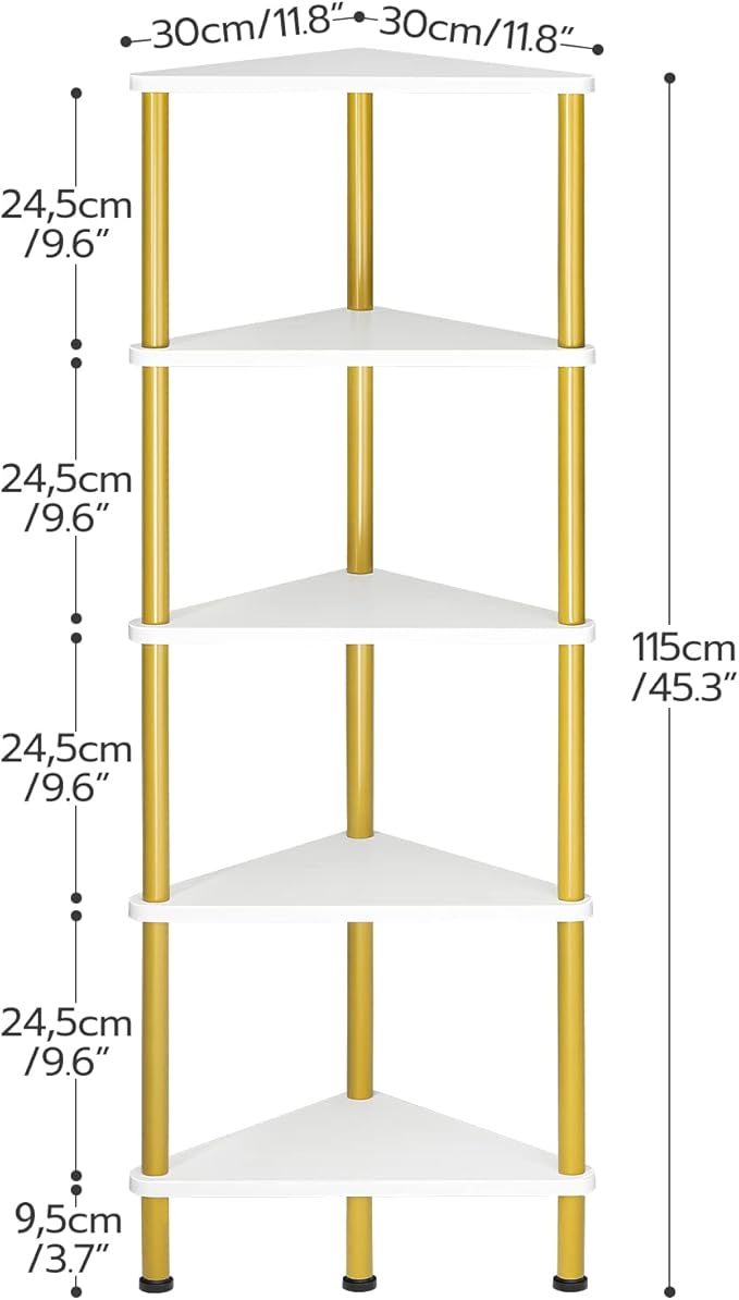HOOBRO Corner Shelf Stand, Industrial 5-Tier Wall Corner Bookshelf with Metal Frame, Plant Display Shelf, Bookcase for Small Spaces, Bedroom, Living Room, White and Gold DW33CJ01
