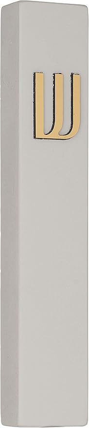 A&S Mezuzot Modern Concrete Mezuzah Case with Scroll, Easy Peel and Stick Mezuza (Grey+ Gold Shin, 7 Inches)
