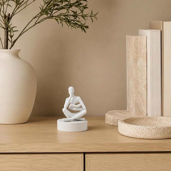 White Bookshelf Decor Thinker Statue, Abstract Reading Figurine Style A, Resin Decorative Bookend for Coffee Table, Shelf, Home Office, Library