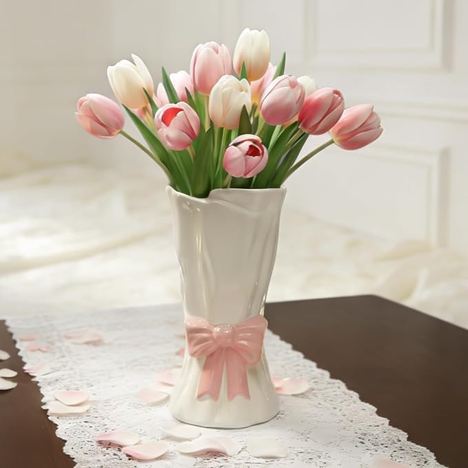 Pink Bow Vase, Hot Pink Flower Vase for Home Decor, Ceramic Vases for Boho Style, Small Cute Vases for Ideal Shelf Decor/Table/Living Room. (Pink 7, Large)