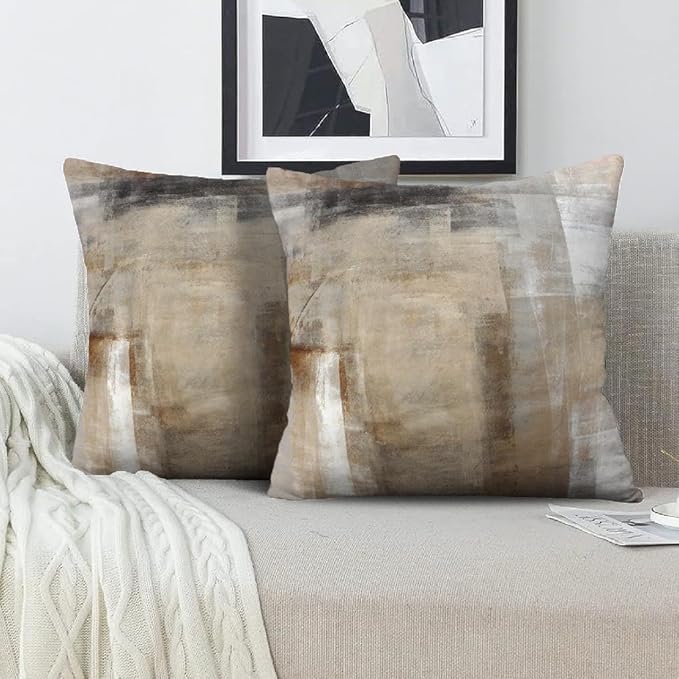 Beige Abstract Art Artwork Pillow Cover, Gallery Modern Decorative Throw Pillows Cushion Cover for Bedroom Sofa Living Room 16 x 16 Inch Set of 2