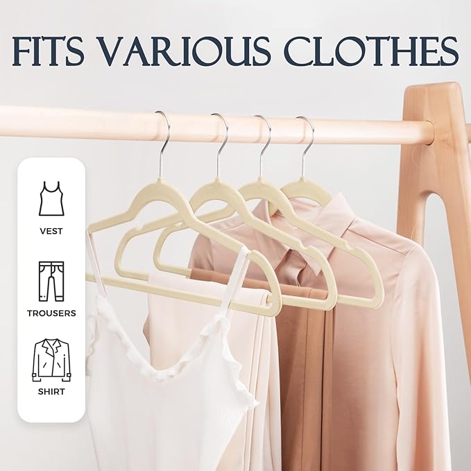 HOUSE DAY Beige Velvet Hangers 60 Pack, Non Slip Clothes Felt Hanger Heavy Duty for Coat, Premium Slim Space Saving Suit Hangers for Closet Organizer, 360° Rotating Silver Hook