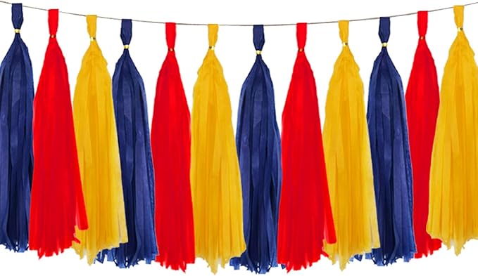 Yellow and Red and Blue Tassel Garland Paper Tissue Tassels Garland for Party Decorations, Pack of 15