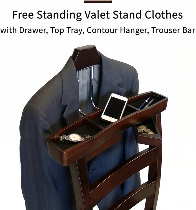 Wood Chair Valet Stand With Hanger Trouser Bar, Top Storage Tray Wardrobe, Clothing Rack Chair Valet With Cushion Wardrobe Men Women Standing Suit Valet for Hotel, Commercial(Dark Brown)