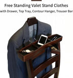 Wood Chair Valet Stand With Hanger Trouser Bar, Top Storage Tray Wardrobe, Clothing Rack Chair Valet With Cushion Wardrobe Men Women Standing Suit Valet for Hotel, Commercial(Dark Brown)