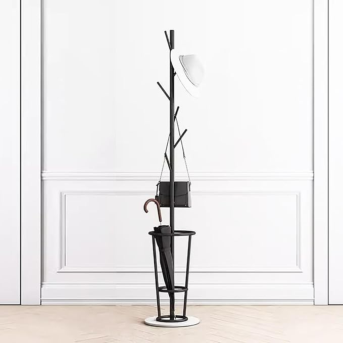 Metal Umbrella Stand with Coat Rack,Modern Umbrella Holder for Entryway,Freestanding Umbrella Rack with Marble Base,Tall Umbrella Storage for Indoor Outdoor Patio(66.9″, Black White)