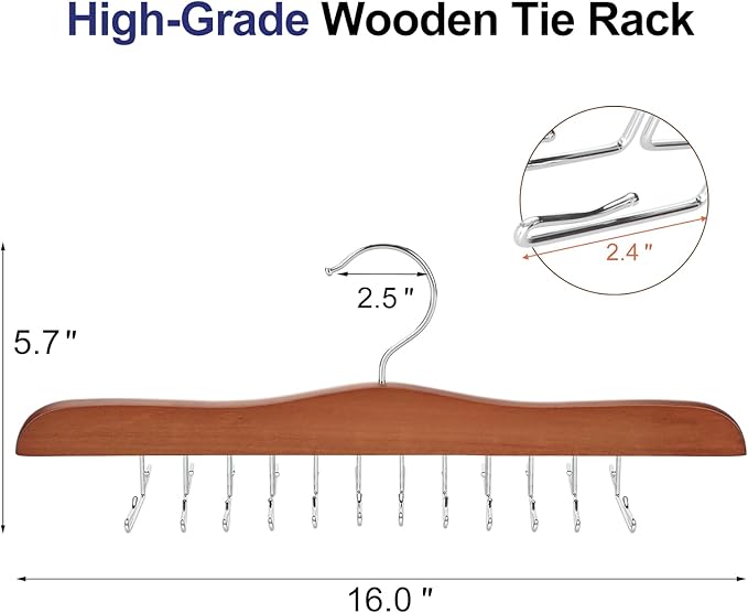 TOPIA HANGER Tie Rack Hanger for Closet, Wooden Tie Organizer for Men with 24 Folding Hooks, Space Saving Necktie Holder for Storage and Display Bra, Tank Top, Camisole (1-Pack), Walnut- CT14WA