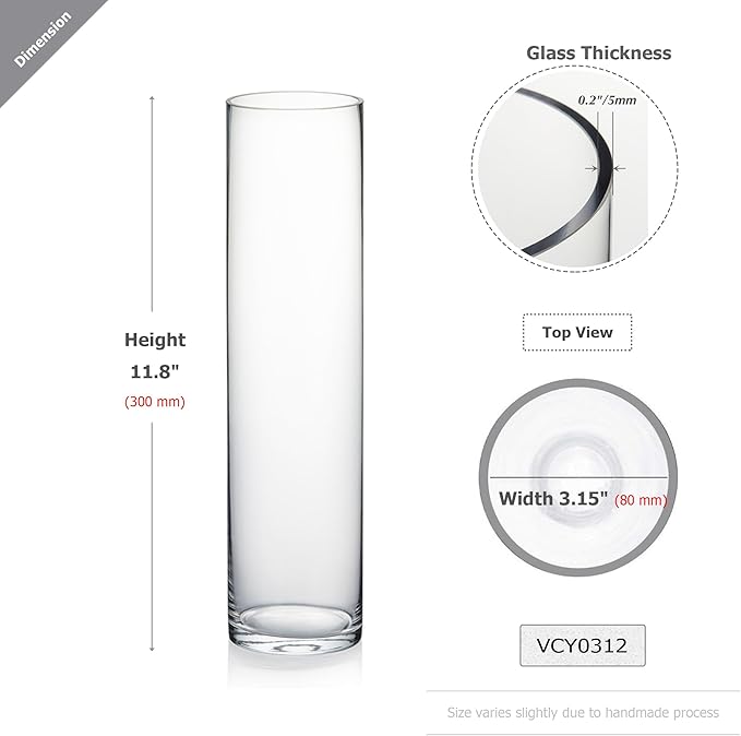 WGVI Quality Thick Weighted Clear Cylinder Glass Vases, 3" W x 12" H, Skinny Bud Vase Floral Bouquet Flower Arrangements Storage Container Candle Holders Decorative Accents, Bulk Wholesale, 12 Pieces
