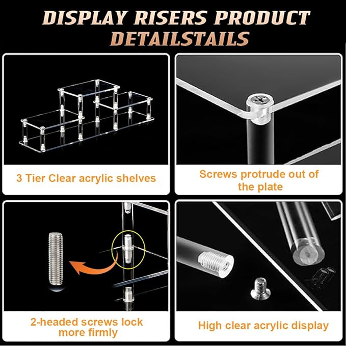 Clear Acrylic Display Risers Stand Shelf, Acrylic Stands Display Holder for Figures, Collectibles, Toys and Dolls,Perfumes Risers Display Stand for Decorating & Organizing (3 Tier/Model 2)