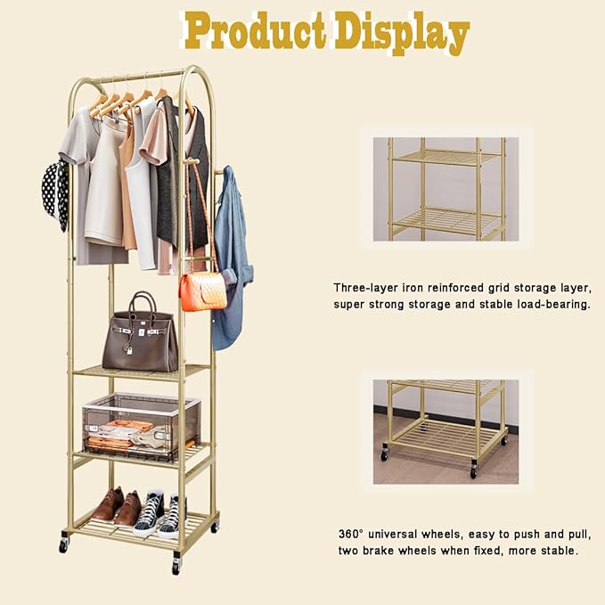 SUOERNUO Clothes Rack With Wheels and 3-Tier Metal Shelves,Clothing Rack For Hanging Clothes With 4 Hooks,Garment Rack Wardrobe Organizer for Small Space,Black (gold, 16.54 * 18.23 * 72.05)