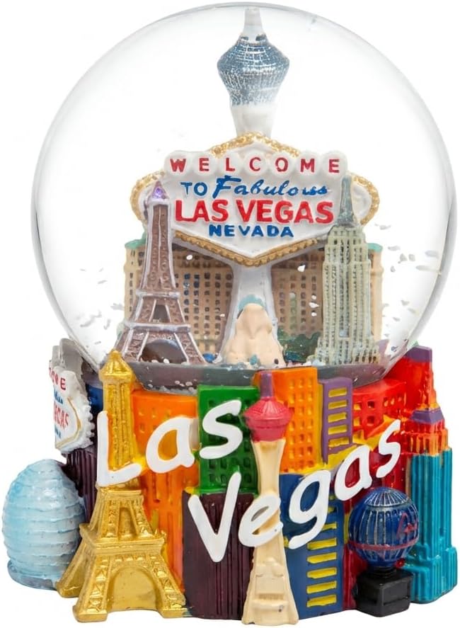 Las Vegas Snow Globe 3.5 Inch Welcome Sign Souvenir with Eiffel Tower Replica and Strip Skyline Resin Base
