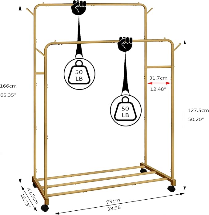 AT-VALY Double Rod Clothing Rack with wheels,Garment Rack for Hanging Clothes,Multi-functional Bedroom Clothes Rack (Gold)