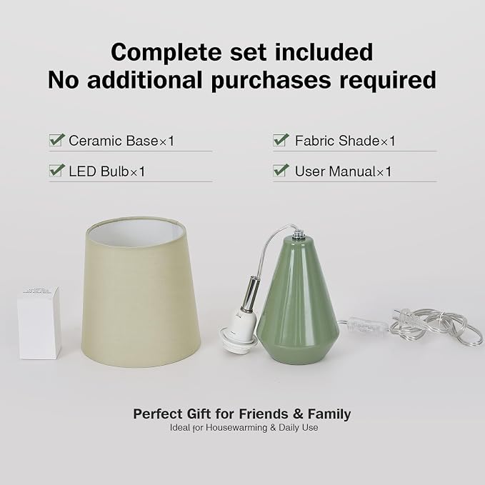 Small Bedside Table Lamp for Bedroom - Reading Desk Lamp with 3 Color Temperatures，15.5" Nightstand Ceramic Lamp with Fabric Shade for Kids Room,Living Room,Dorm,Home Office (Green)
