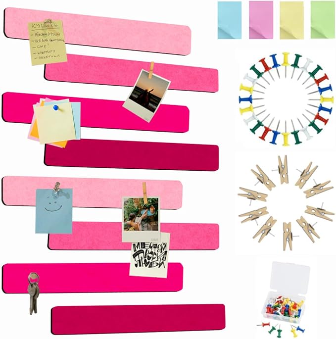 Vuzvuv 8 pcs Bulletin Board Bar Strips with 50 Pushpins & 10 Wooden Clip pins，Self Adhesive Cork Board for Wall，Felt Pin Board for School，Office Decor(Multi-Pink)