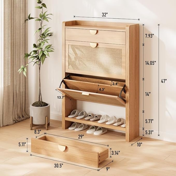 Rattan Shoe Storage Cabinet, Shoe Organizer with 2 Flip Drawers, Narrow Shoe Cabinet, Free Standing Hidden Shoe Storage, Shoe Rack for Entryway/Hallway/Closet, Natural Oak