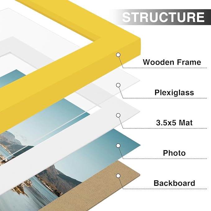 Vittanly 4x6 Picture Frames Set of 9, Shatter Resistant Plexiglass, Display 3.5x5 Pictures with Mat or 4x6 without Mat, Photo Frames for Wall or Tabletop, Engineered Wood, Yellow