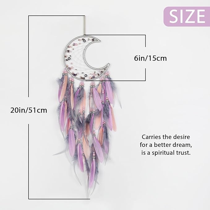 Pretty Jolly Moon Dream Catchers Wall Decor with Crystals Crescent Handmade Dream Catcher Pink Grey Feathers Dreamcatchers Wall Hanging for Girls Bedroom Wedding Wish Blessing Gift