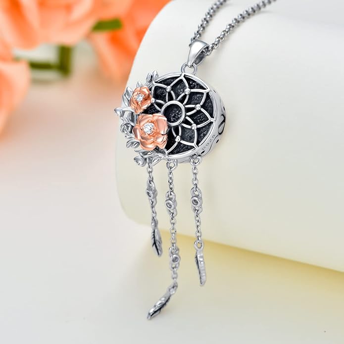 Dream Catcher Pendant Necklace 925 Sterling Silver Synthetic Moonstone Crystal Sunflower Rose Flower Evil Eye Dreamcatcher Cremation Jewelry Gifts for Women Wife Mom