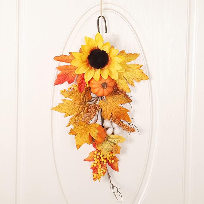 Ochine Artificial Fall Teardrop Swag - Autumn Harvest Hanging Flower for Front Door - Thanksgiving Halloween Christmas Decoration
