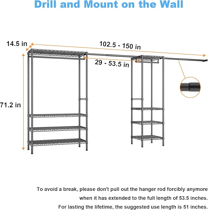 Ulif E11 Heavy-Duty Garment Rack, Metal Freestanding Clothes Rack and Closet Storage Organizer System with 8 Shelves and 4 Hanger Rods, (73.2-97.6)" W x 14.5" D x 71.2" H, Load 1034 LBS, Black
