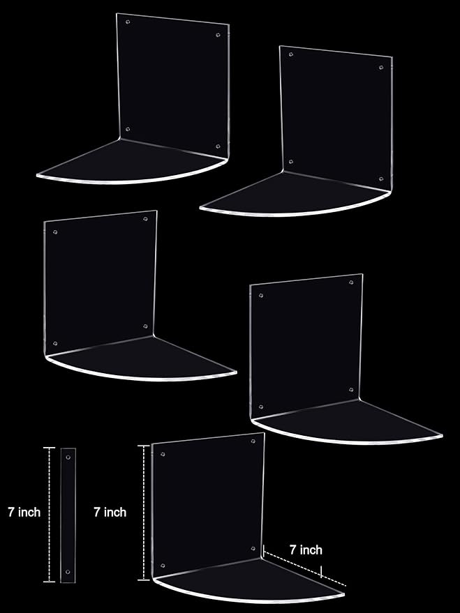 5 Tier Corner Shelf Wall Mount Floating Acrylic Corner Shelves Easy to Assemble Corner Bookshelf, Plant Shelf Wall Organizer Storage for Bedroom, Bathroom, Kitchen, Office, Home, Living Room(Clear)