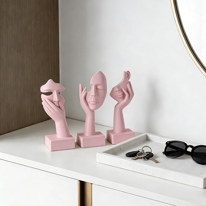 3 Pcs Thinker Small Statue Set - Pink Art Abstract Home Accent Figurines for Decor Woman Apartment Bookshelf Floating Shelf Coffee Table Office Desk Bathroom Counter Decor (3 Pcs Pink, 6")