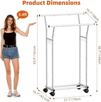 Luxspire Double Rods Clothes Rack for Hanging Clothes, Rolling Clothing Rack with Side Hooks, Bottom Shelves, 360° Wheels, Garment Racks for Bedroom, Laundry, Living Room, White