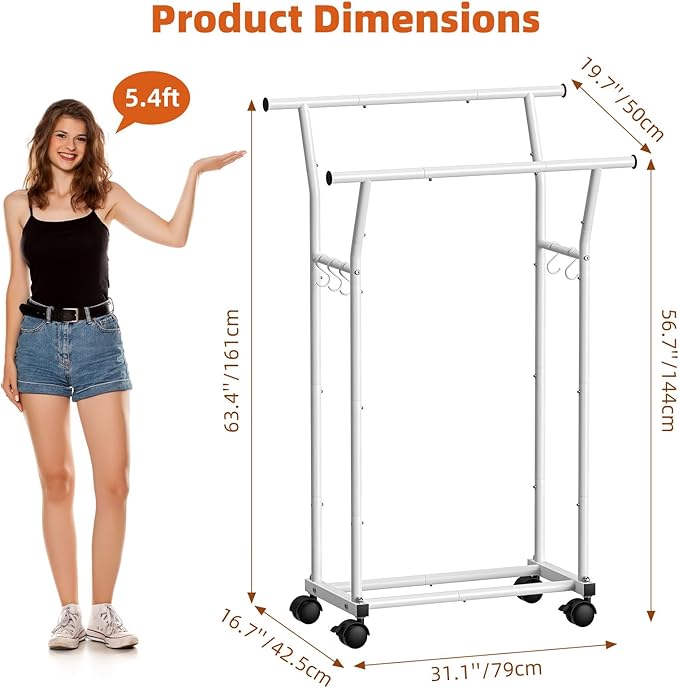 Luxspire Double Rods Clothes Rack for Hanging Clothes, Rolling Clothing Rack with Side Hooks, Bottom Shelves, 360° Wheels, Garment Racks for Bedroom, Laundry, Living Room, White