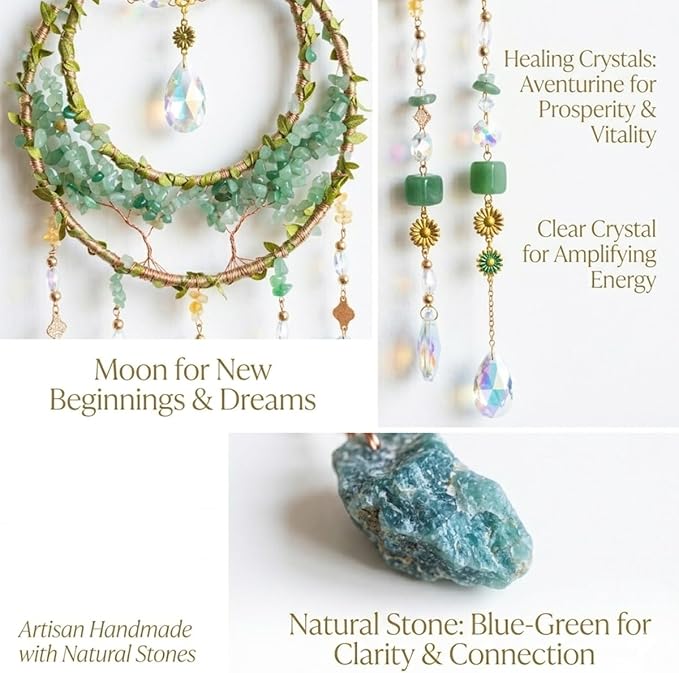Crystal Moon Dream Catcher, Boho Green Dreamcatchers for Adults Girls, Handmade Agate Sun Catcher Wall Hanging for Bedroom Living Room Window Garden Décor
