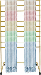 Scarf Organizer, 10-Tier Metal Scarf Display Stand with Wheels, Freestanding Scarf Display Rack, Retail Store Towel Rack, Ties Belt Pants Hanging Rack, for Boutique Display, Home (Gold-10 Rods)