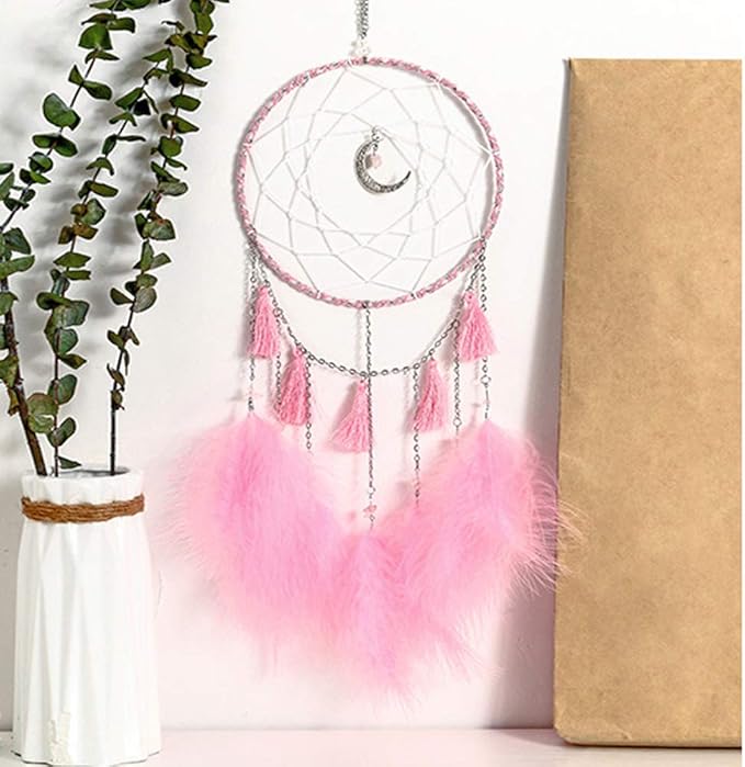 Dream Catcher Handmade Pink Feather Native American Circular Net for Boys Bedroom Wall Hanging Dream Catcher for Girls Kids Nursery Bedroom Decoration Blessing Gift (Pink)