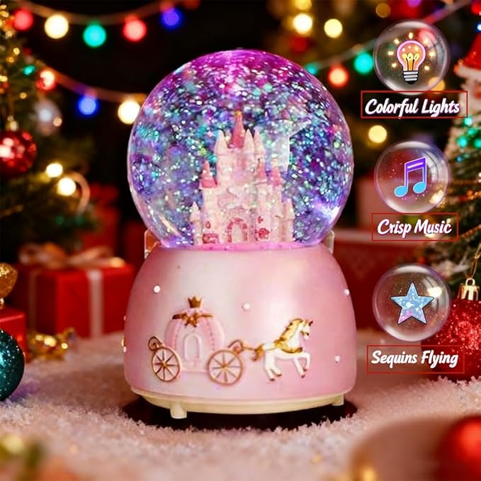 Snow Globe, Castle Musical Snow Globes with Crystal Ball & Colorful LED Lights, Snow Fall Fairy Tale Carriage Castle Snow Globes, Christmas Birthday Gifts for Women, Girls, Kids, Home Room Decor