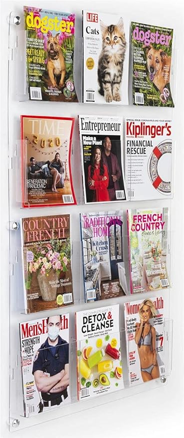 Displays2go Acrylic Brochure Rack, Wall-Mount, 4-Tiered, 12 to 24 Adjustable Pockets - Clear (2RP12CLR)